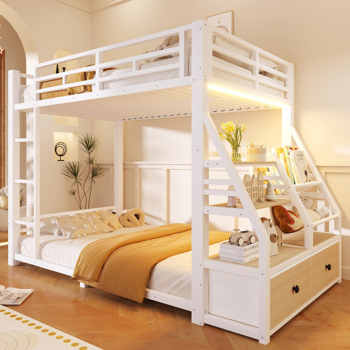 ETAGENBETT 90x200cm mit LED-Beleuchtung, mit 2 Stoffschubladen, Weiß - Weiß, Metall (90/200cm) - KOMHTOM