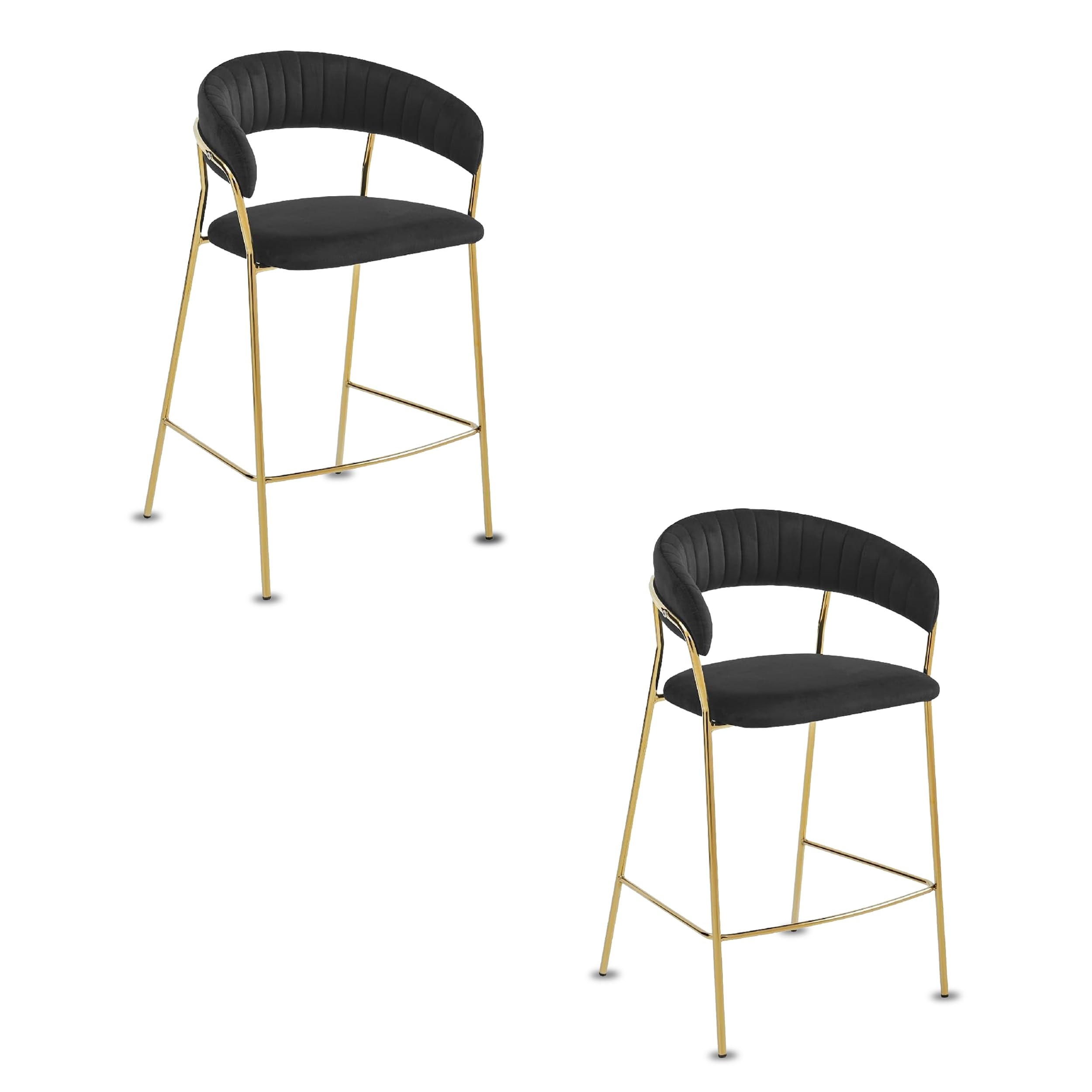 BARHOCKER - 2er Set - Schwarzer Samt, geriffelte Rückenlehne, Metallgestell, vergoldet, Modernes Design, Thekenhöhe - Schwarz, Textil (48/97/46cm) - Best For Home