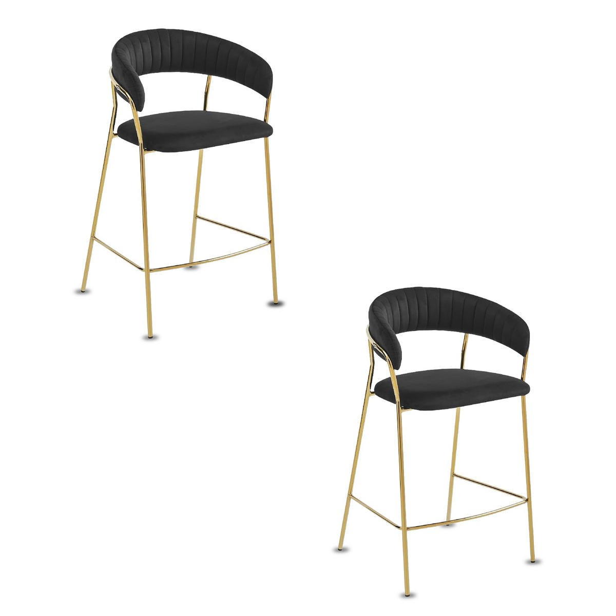 BARHOCKER - 2er Set - Schwarzer Samt, geriffelte Rückenlehne, Metallgestell, vergoldet, Modernes Design, Thekenhöhe - Schwarz, Textil (48/97/46cm) - Best For Home