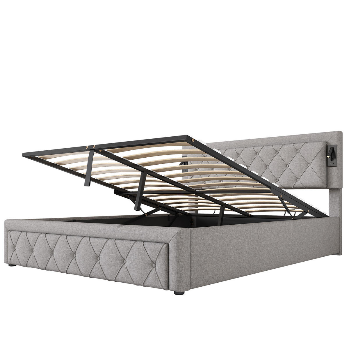 POLSTERBETT 160/200 cm Grau mit Downlight und USB-Schnittstellen - Grau, Textil (160/200cm) - OKWISH