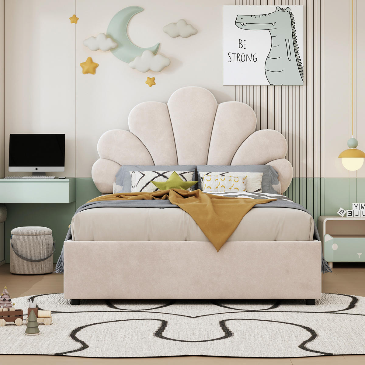 KINDEREINZELBETTEN aus Samt 90x200 cm in Beige mit hydraulischem Stauraum - Beige, Textil (90/200cm) - Modfu