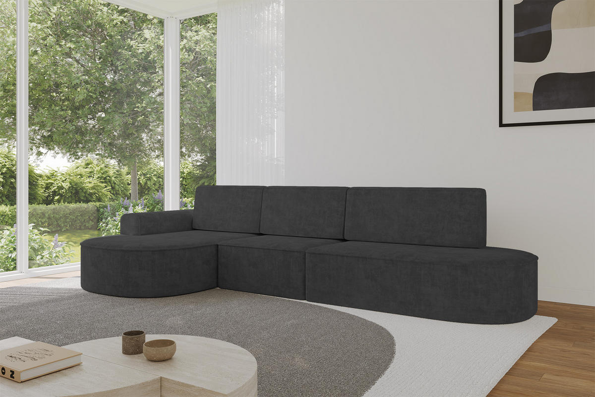 ECKSOFA mit Schlaffunktion Ottomane Links MARI L2-S 368X167X85 Dunkelgrau Velours - Dunkelgrau/Schwarz, Holzwerkstoff/Kunststoff (368/167cm) - ALTDECOR