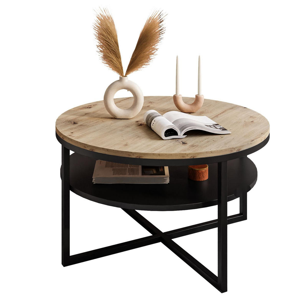 COUCHTISCH CIRI-X mit Regal Eichenholz Artisan - Schwarz/Eiche Artisan, Holzwerkstoff (70/70/45.6cm) - Lookway