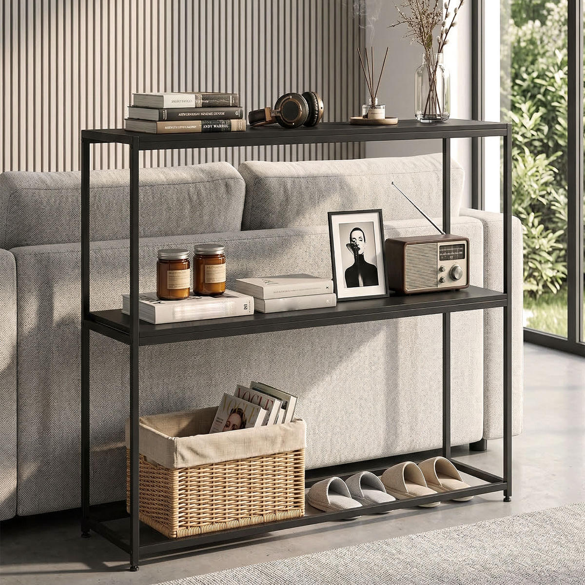 KONSOLENTISCH DE-16823 Minimalistisch, 2 Ablagen, Stahl Schwarz - Schwarz, Holzwerkstoff (100/30/87cm) - ComfortXL