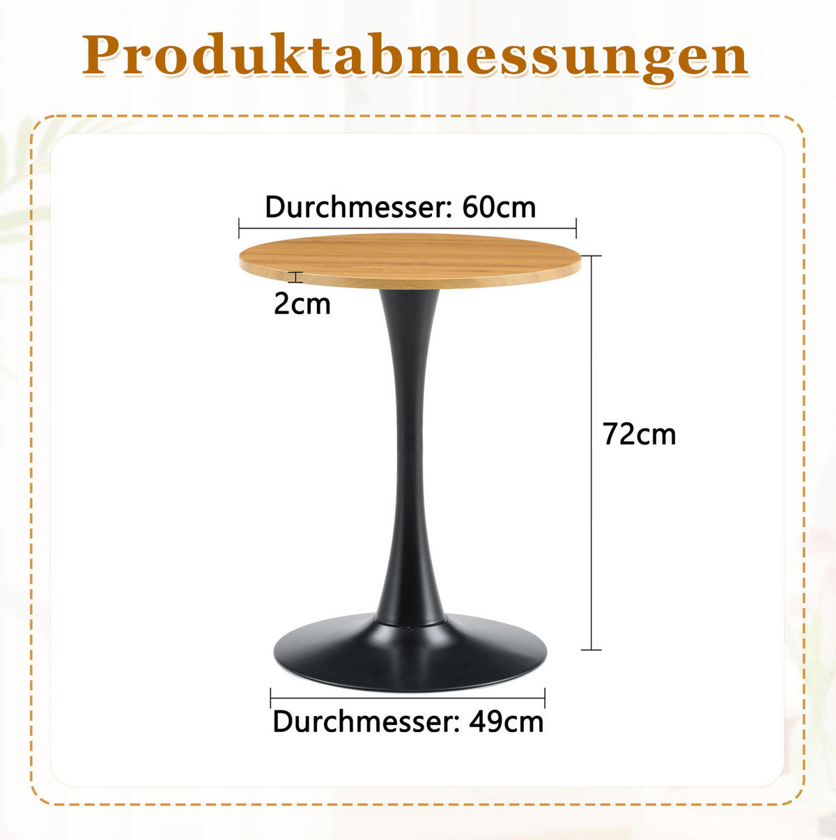 BEISTELLTISCH 60/60/72 cm mit runder Tischplatte, Thermoform-Oberfläche und stabilem Metallfuß, Schwarz/Holzfarben - Naturfarben, Holzwerkstoff (60/60/72cm) - Redom