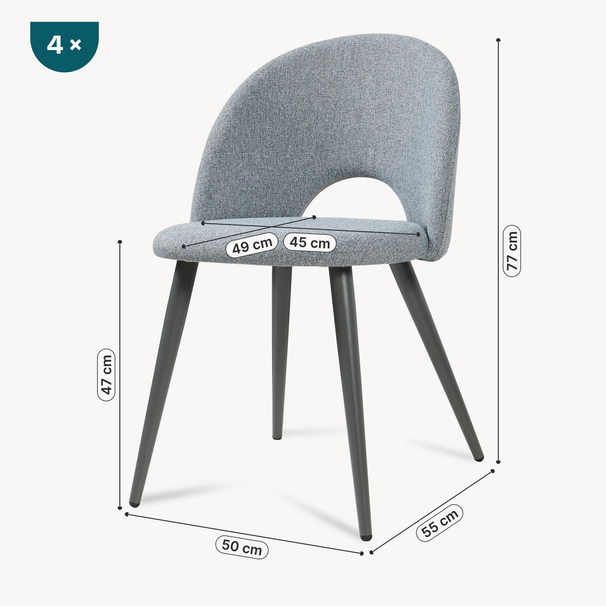 ESSZIMMERSTUHL-SET 4 TLG. Karijoki - Dunkelgrau/Grau, Textil/Metall (50/77/55cm) - [en.casa]