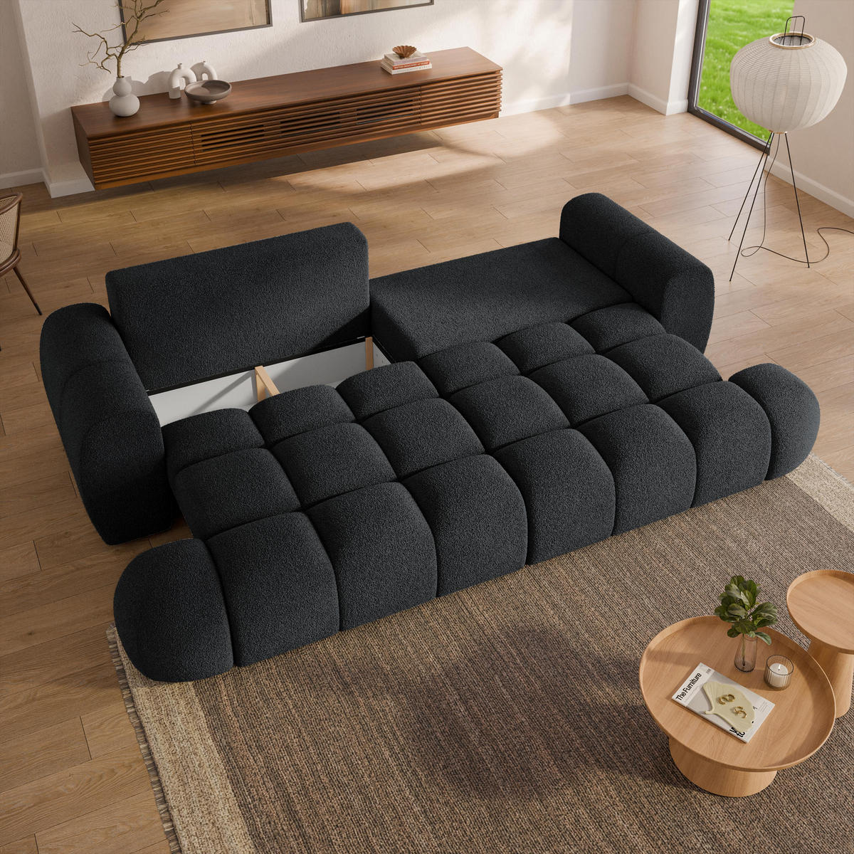 BETTSOFA DAFNE Schwarz Bucle-Stoff mit Schlaffunktion - Schwarz, Textil (300/88/113cm) - MASSENO