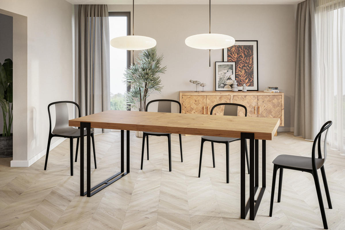 ESSZIMMERTISCH ROSA, ausziehbarer Tisch 180-280X90X77 cm, Farbe: LANCELOT, mit Metallbeinen in Farbe Schwarz - Beige/Schwarz, Holzwerkstoff (180/90/77cm) - Alpi-Möbel