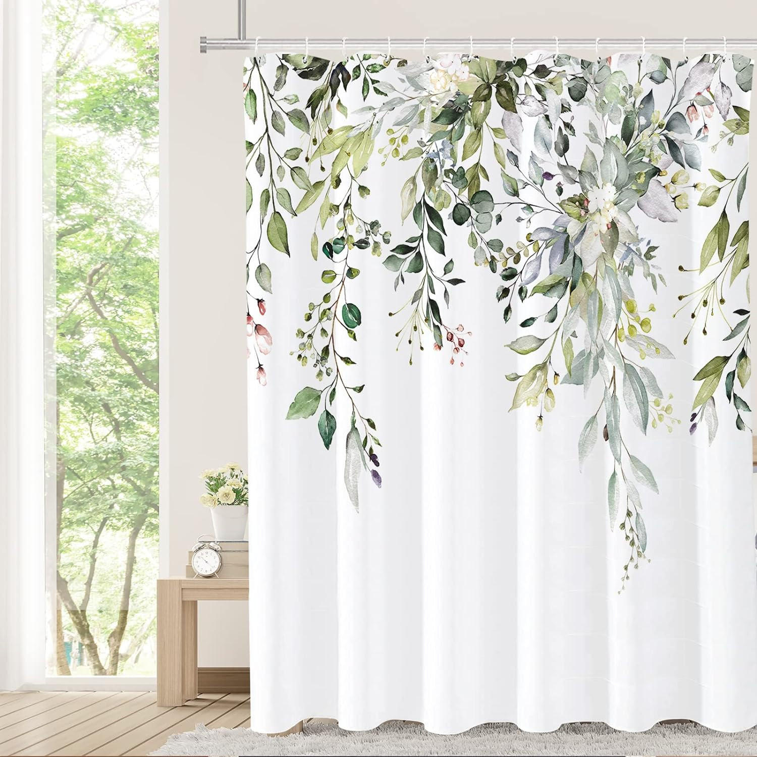 DUSCHVORHANG Blätter und Blumen Pflanzen Dekor mit Haken - Weiß, Textil (180/180cm) - MCBOSON