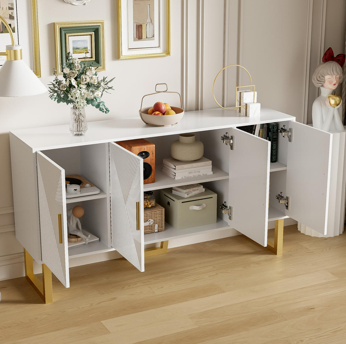 SIDEBOARD 4-türig 150 x 40 x 82 cm Weiß mit verstellbaren Regalböden - Weiß, Holzwerkstoff (150/82/40cm) - Meubliv