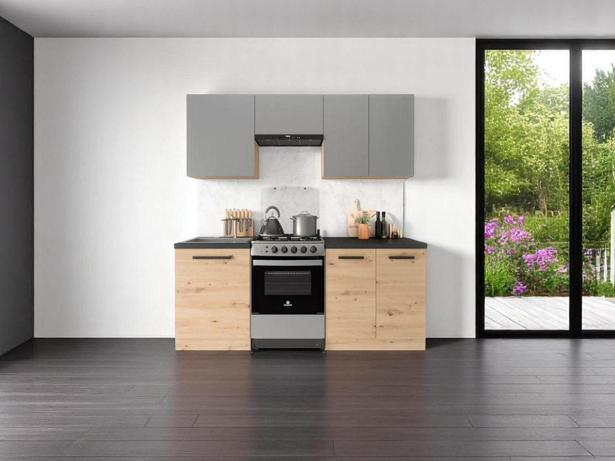 KÜCHENZEILE 200 cm - Langen K24-M200 - in Artisan Eiche/Grau - Eiche Artisan/Grau, Holz/Metall (200/210/47cm)