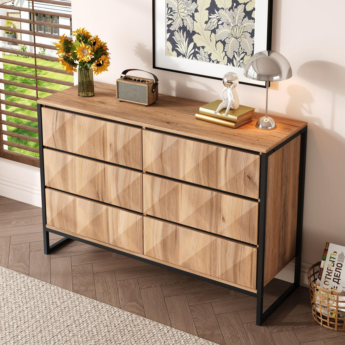 SIDEBOARD mit 6 Schubladen, Schwarz und Holz mit Metallgestell und verdeckten Griffleisten, 120/40/80 cm,Naturfarben - Naturfarben, Holzwerkstoff (120/80/40cm) - Redom