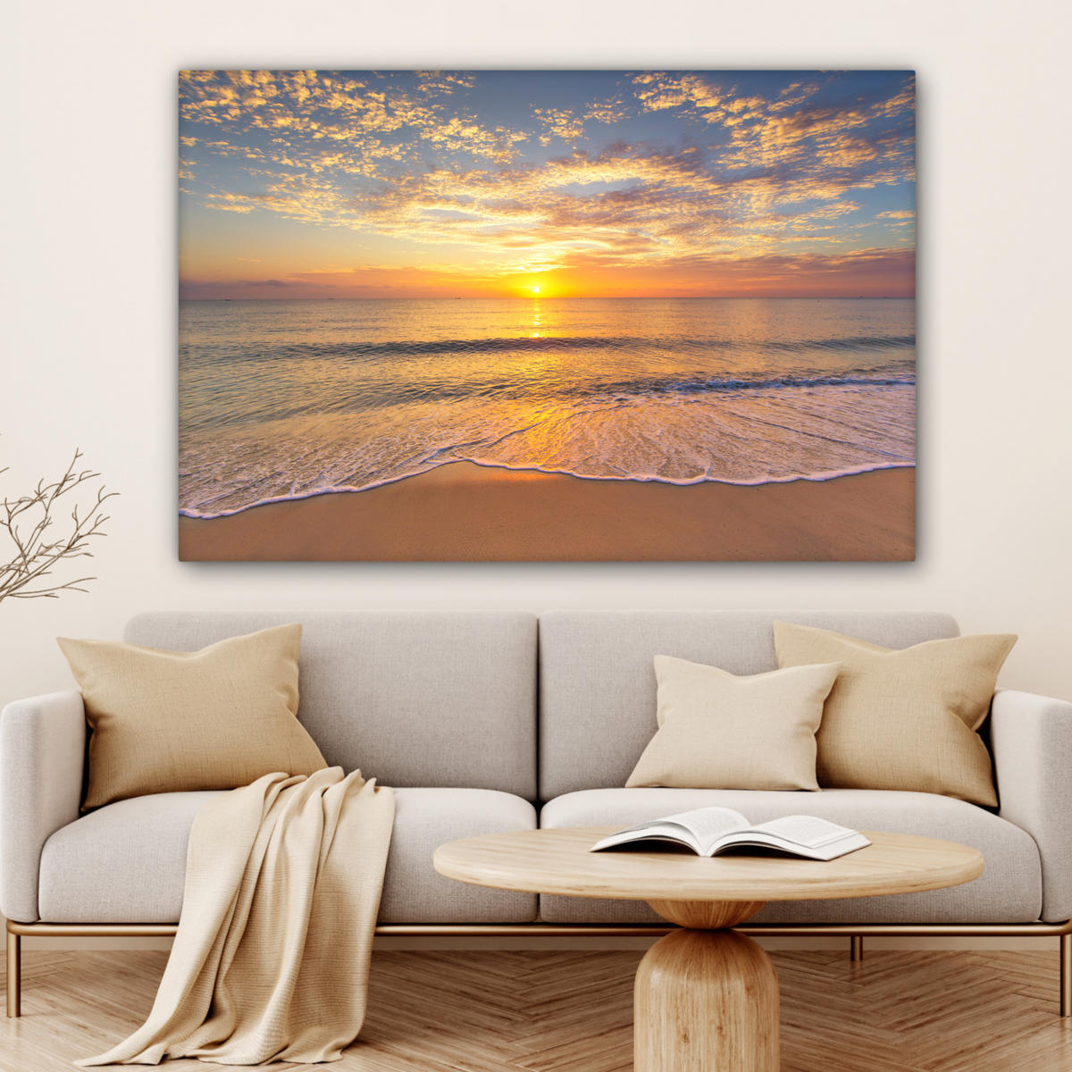 LEINWANDBILD Strand - Sonnenuntergang - Meer Wohnzimmer 120x80 cm - Gelb, Textil (120/80cm) - MuchoWow