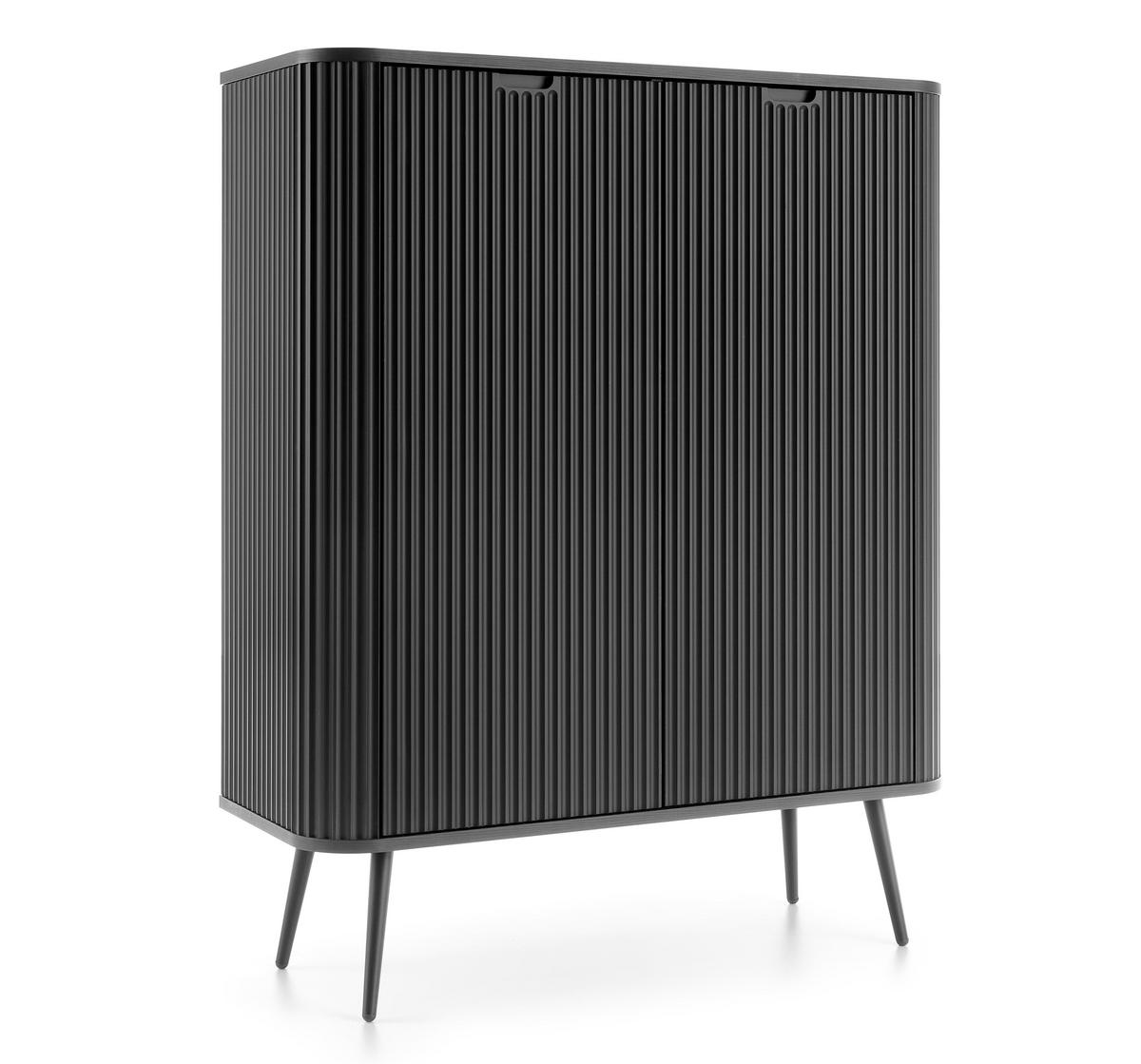 HIGHBOARD Salvia 2T Schwarz 103/129/39 cm – mit geriffelten Fronten und hohen Beinen - Schwarz, Holzwerkstoff/Metall (103/129/39cm) - AX Living