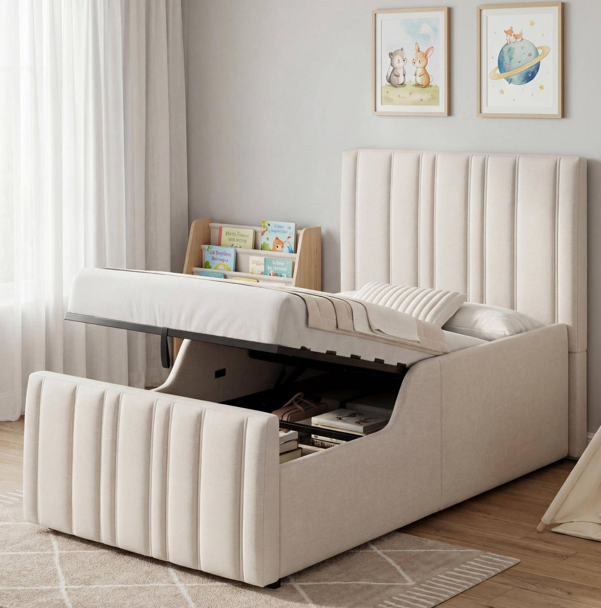 KINDERBETT 90/200 cm mit hydraulischem Bettkasten, Lattenrost, gepolsterten Seitenlehnen und Leinenbezug, Beige - Beige, Textil (90/200cm) - Redom