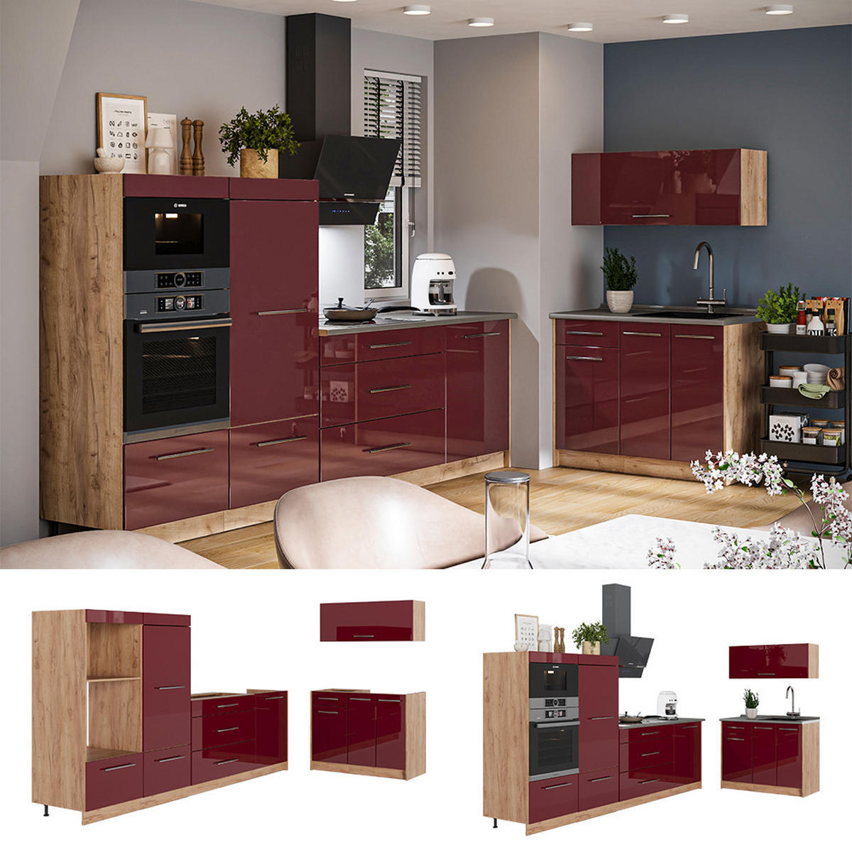 KUCHYŇA Fame-Line, Bordeaux vysoký lesk/Dub Goldkraft, 380 cm, AP Antracit - bordová/dub medový, kompozitné drevo (380/153.6/60cm) - Vicco