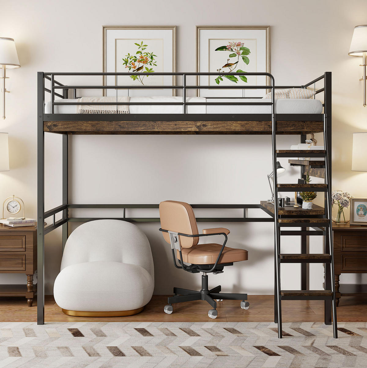 HOCHBETT 90/200 cm aus Metall mit Schreibtisch und Regalen in Schwarz - Schwarz, Metall (90/200cm) - Flora Grace