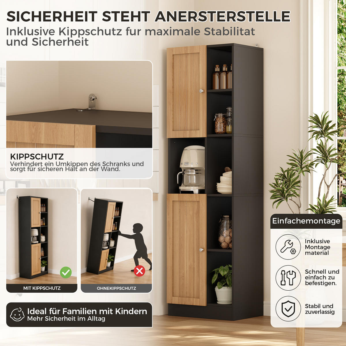 GESCHIRRSCHRANK Schwarz 50/35.5/170 - Schwarz, Holzwerkstoff (50/170/35.5cm)