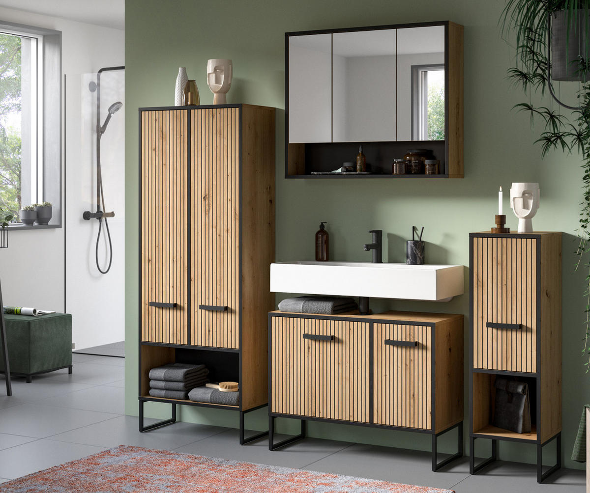 HOCHSCHRANK Eiche Artisan, schwarz 59 cm, Badezimmer Schrank mit Soft-Close - Schwarz/Eiche Artisan, Holzwerkstoff/Kunststoff (59/159/32cm) - Inn.Furn