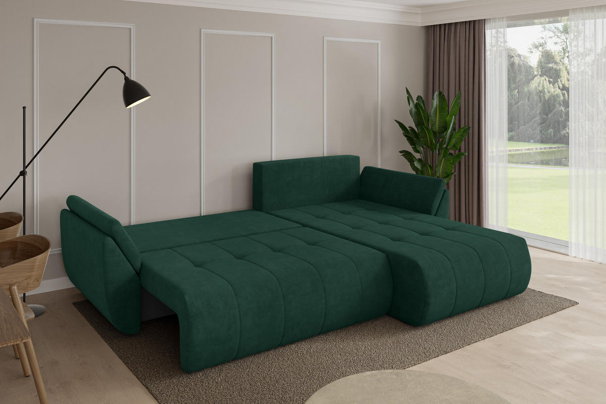 ROHOVÁ SEDAČKA s funkcí spaní, otoman vpravo TOKO-L 277x194x86 zelená velur - černá/zelená barva, kompozitní dřevo/textil (277/194cm) - ALTDECOR