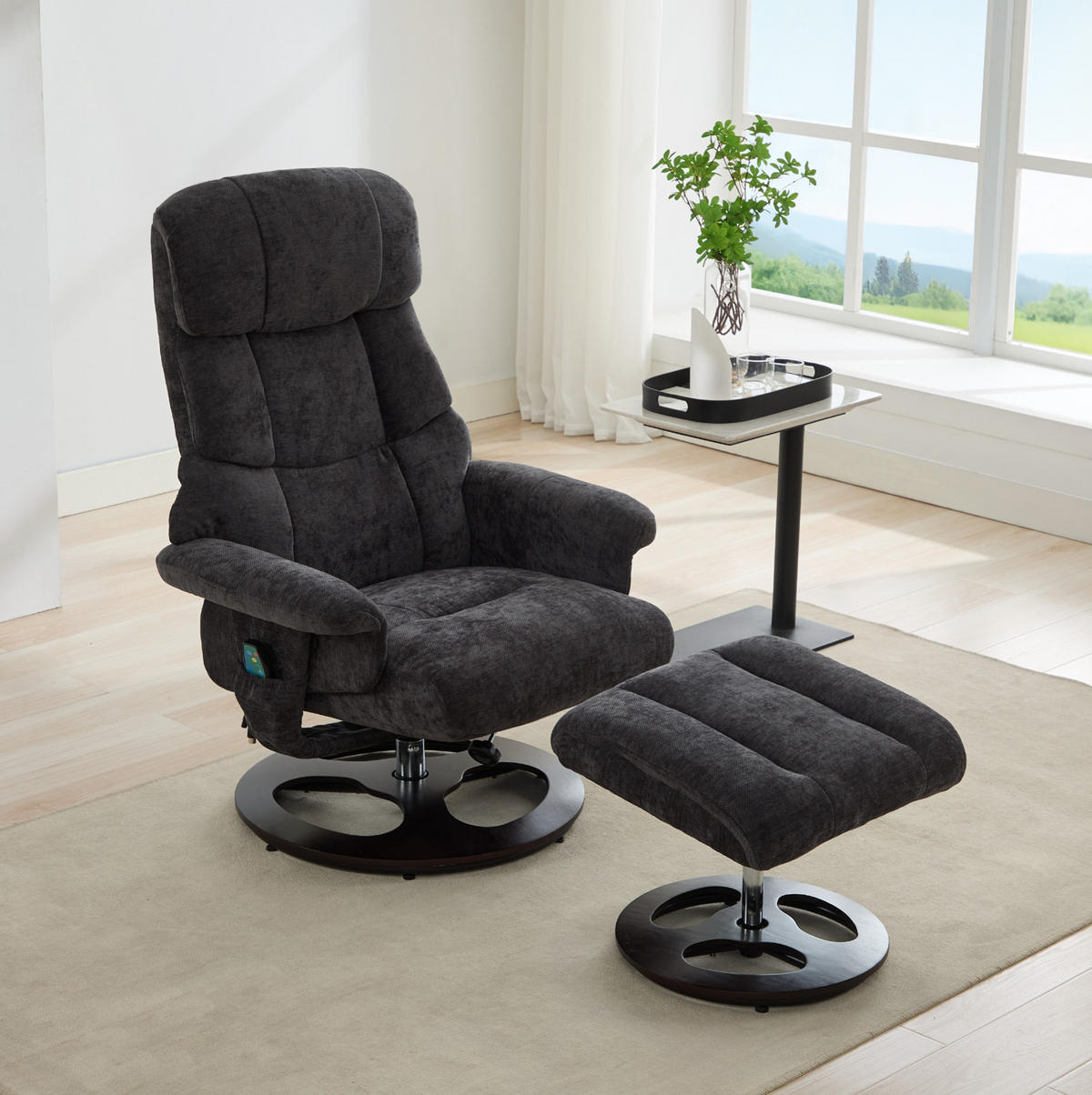 RELAXSESSEL 83,5/81/111 cm in Dunkelgrau mit Massagefunktion und Hocker - Dunkelgrau, Textil (83.5/111/81cm) - BEAOK
