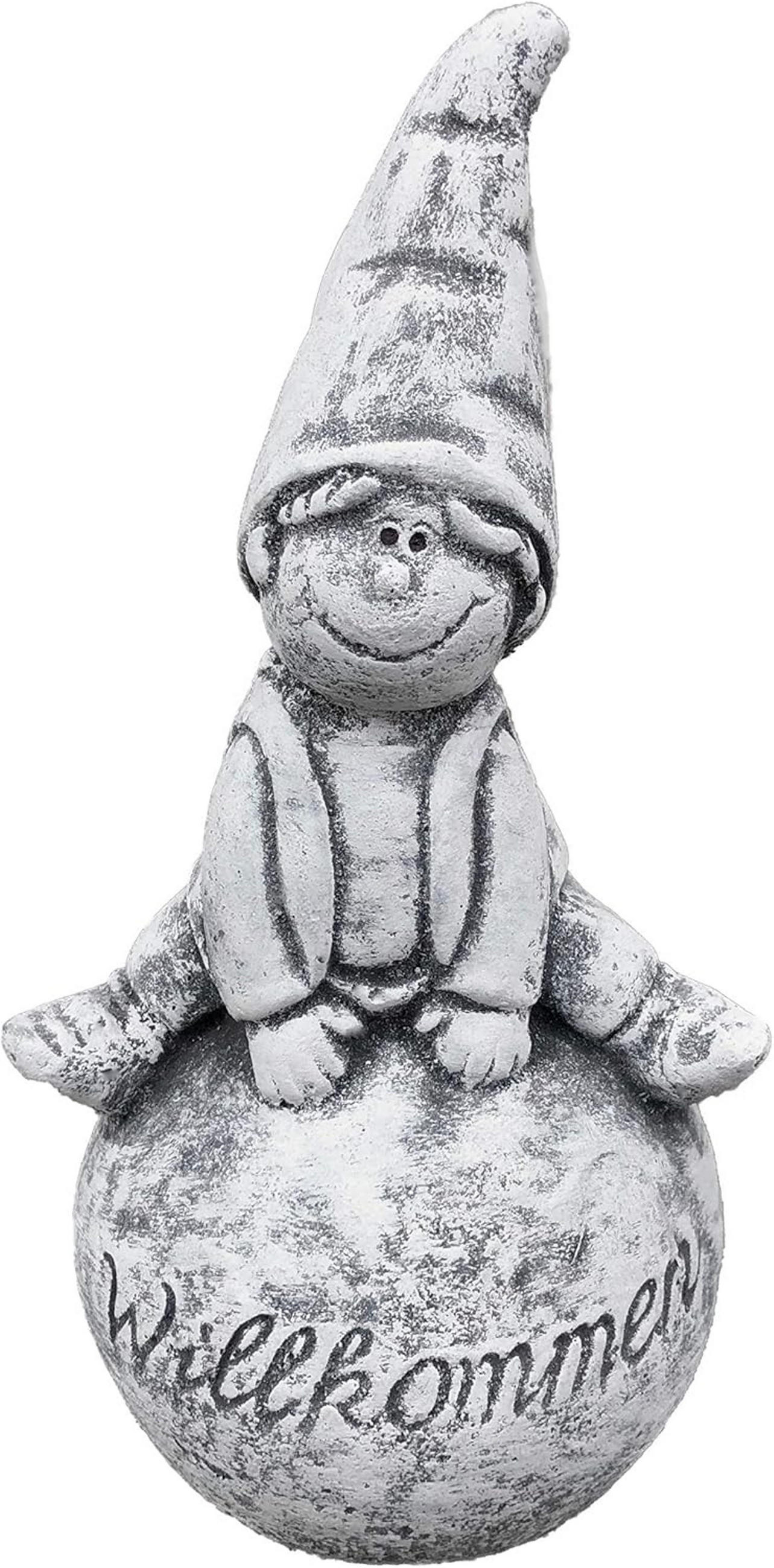 STEINFIGUR Wichtel auf Kugel Willkommen frostfest Steinguss - Grau, Stein (12/24/12cm) - stoneandstyle