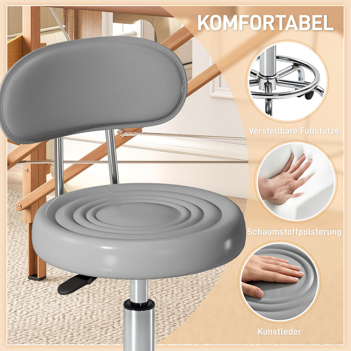 ROLLHOCKER höhenverstellbar Drehhocker Drehbar Salon Hocker mit Lehne, Rädern - Silberfarben/Grau, Kunststoff/Textil (32/86/40cm) - HOMCOM