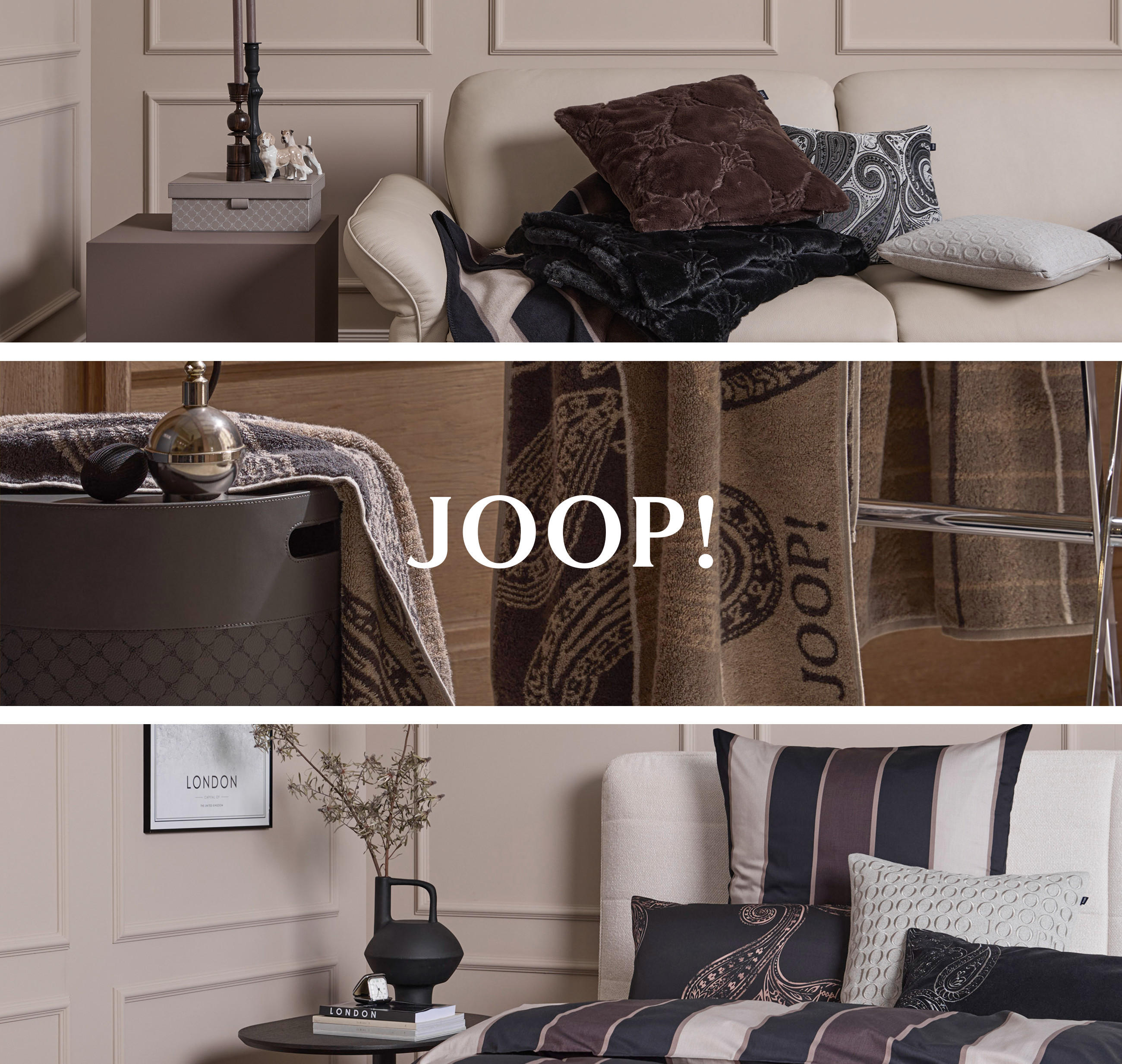 Drei stilvolle Wohnraumbilder mit Textilien der Kollektion Soho Nights von JOOP! Living. Das Markenlogo ist auf dem mittleren Image platziert.