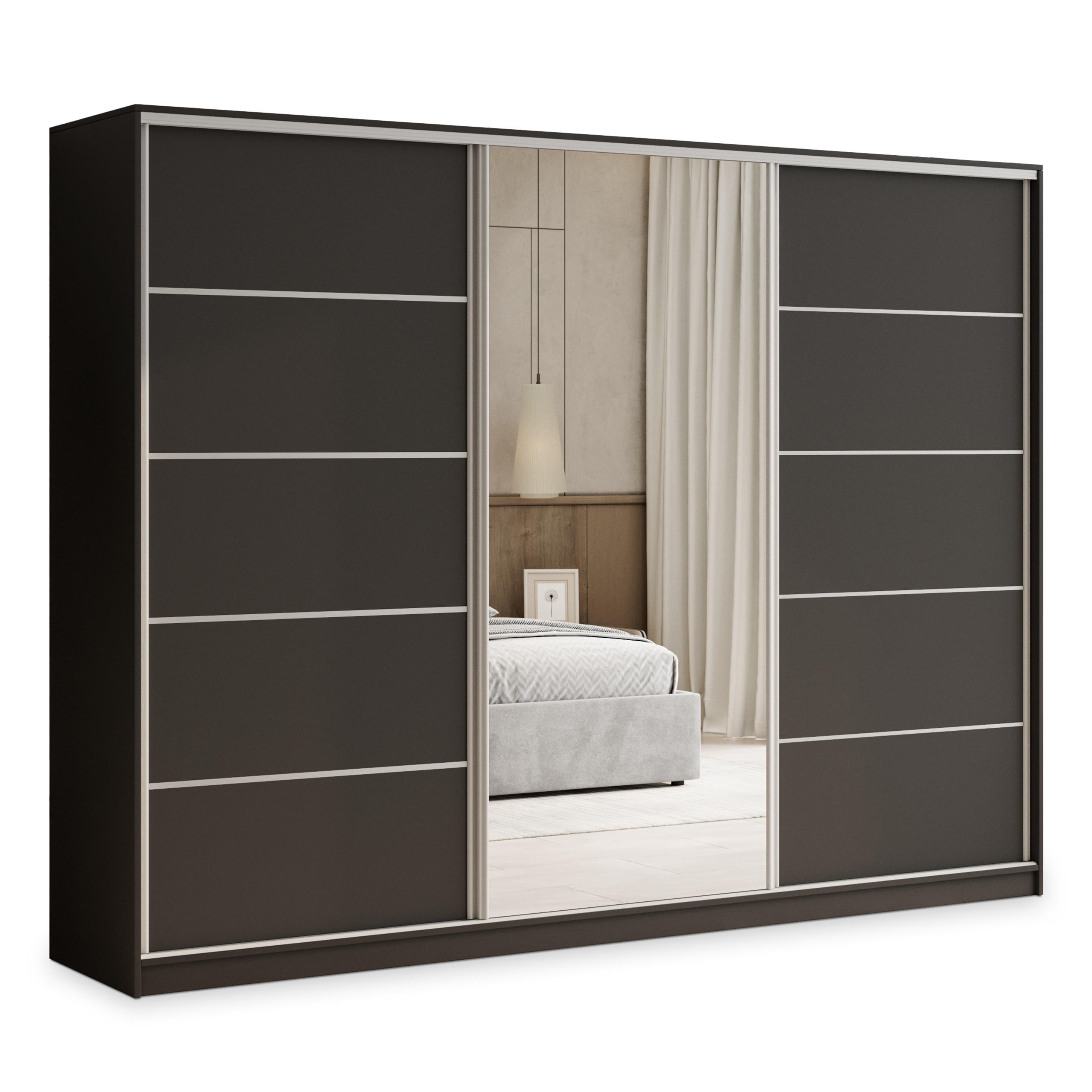 SCHWEBETÜRENSCHRANK PINA 270/205/58 cm 3-türig mit Spiegel und 4 Schubladen Schwarz - Schwarz, Holzwerkstoff (270/205/58cm) - MASSENO