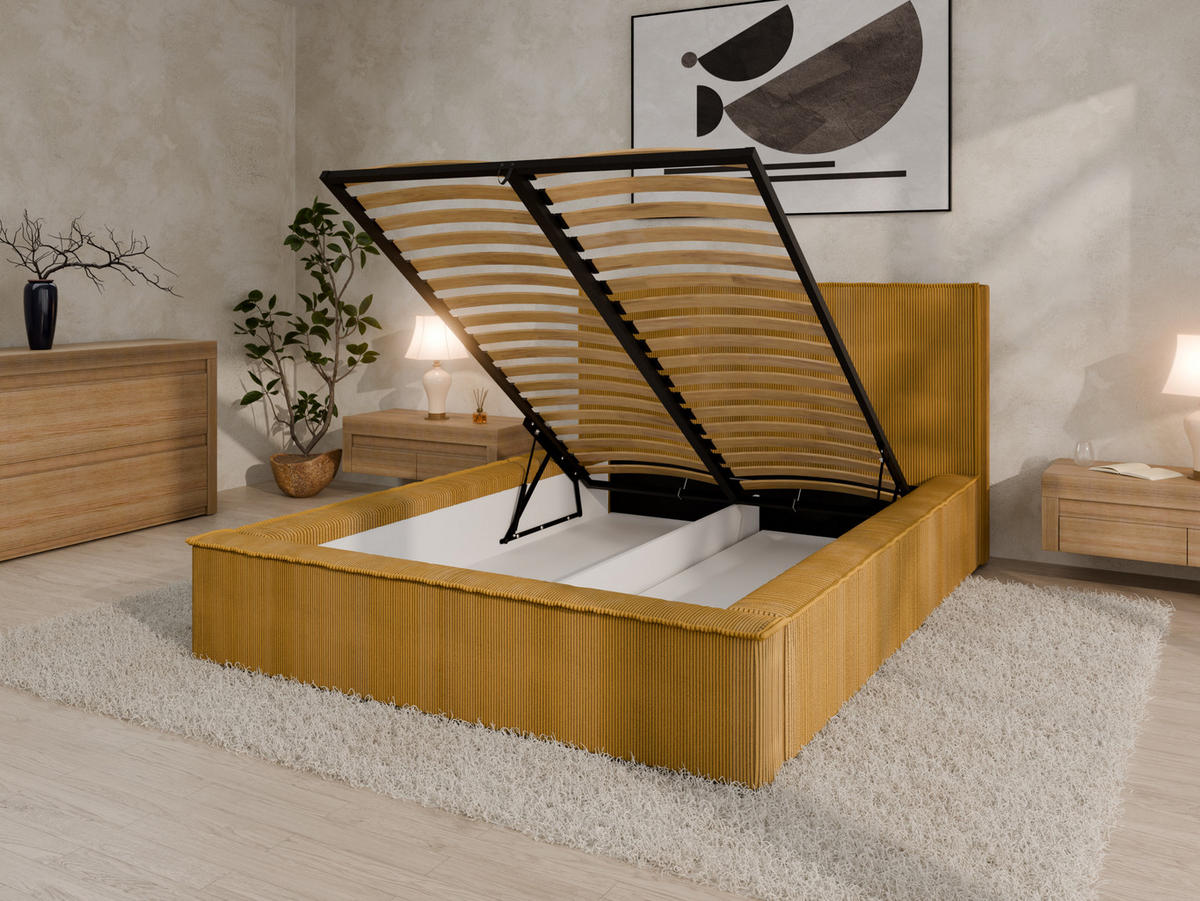 POLSTERBETT SANA 140x200cm Elegantes Polsterbett für modernen Wohnstil , 7-Zonen-Taschenfederkernmatratze mit kokos ARLAN (21 cm), Currygelb - Currygelb, Holz (140/200cm) - Panda Möbel