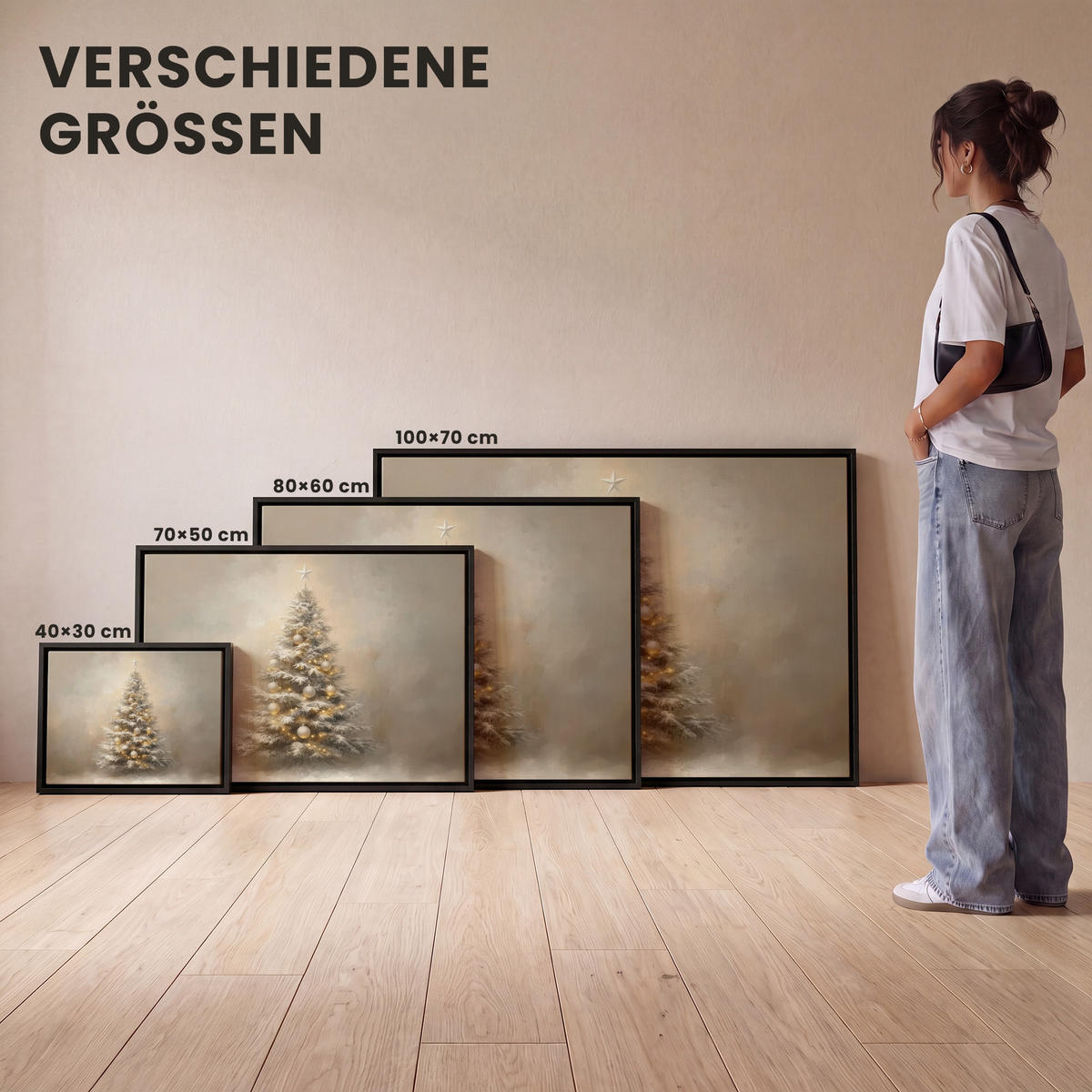 LEINWAND Bilder mit Rahmen - Weihnachten - Weihnachtsbaum - Schnee - Kunst - 40x30 - Champagner, Textil (40/30cm) - MuchoWow