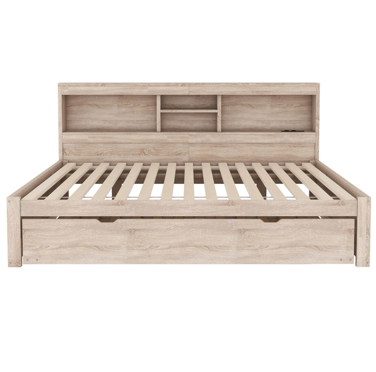 TAGESBETT 140/200 cm mit LED-Beleuchtung, Ausziehbett, Steckdose, USB und Bettfach, Natur - Naturfarben, Holzwerkstoff (140/200cm) - Redom