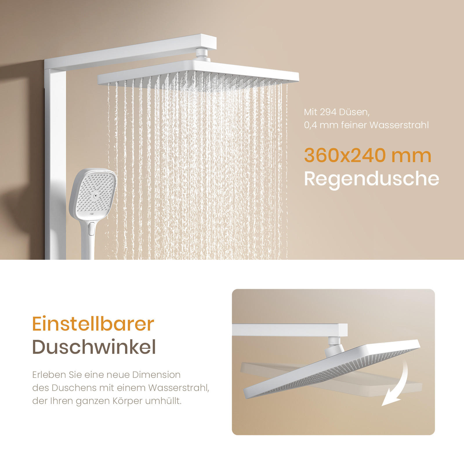 ÜBERKOPFBRAUSESET mit Thermostat Einstellbarer Durchfluss 4-Strahl Mattweiß - Weiß, Metall (40.2/105/57.3cm) - EMKE
