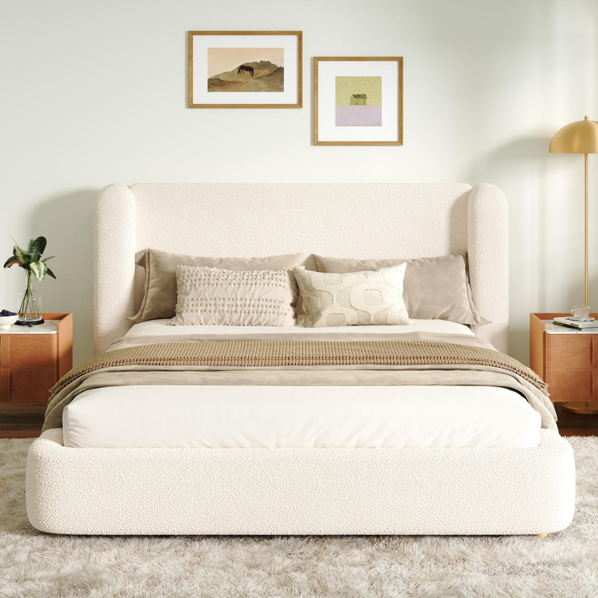 BETT mit Stauraum und Lattenrost Bouclé Beige - Beige, Metall (160/200cm) - Meubliv