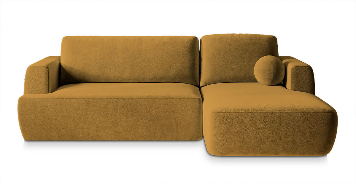 ECKSOFA SENTI K R-S Gelb Plüsch-Stoff mit Schlaffunktion - Gelb, Holz (246/148cm) - MASSENO