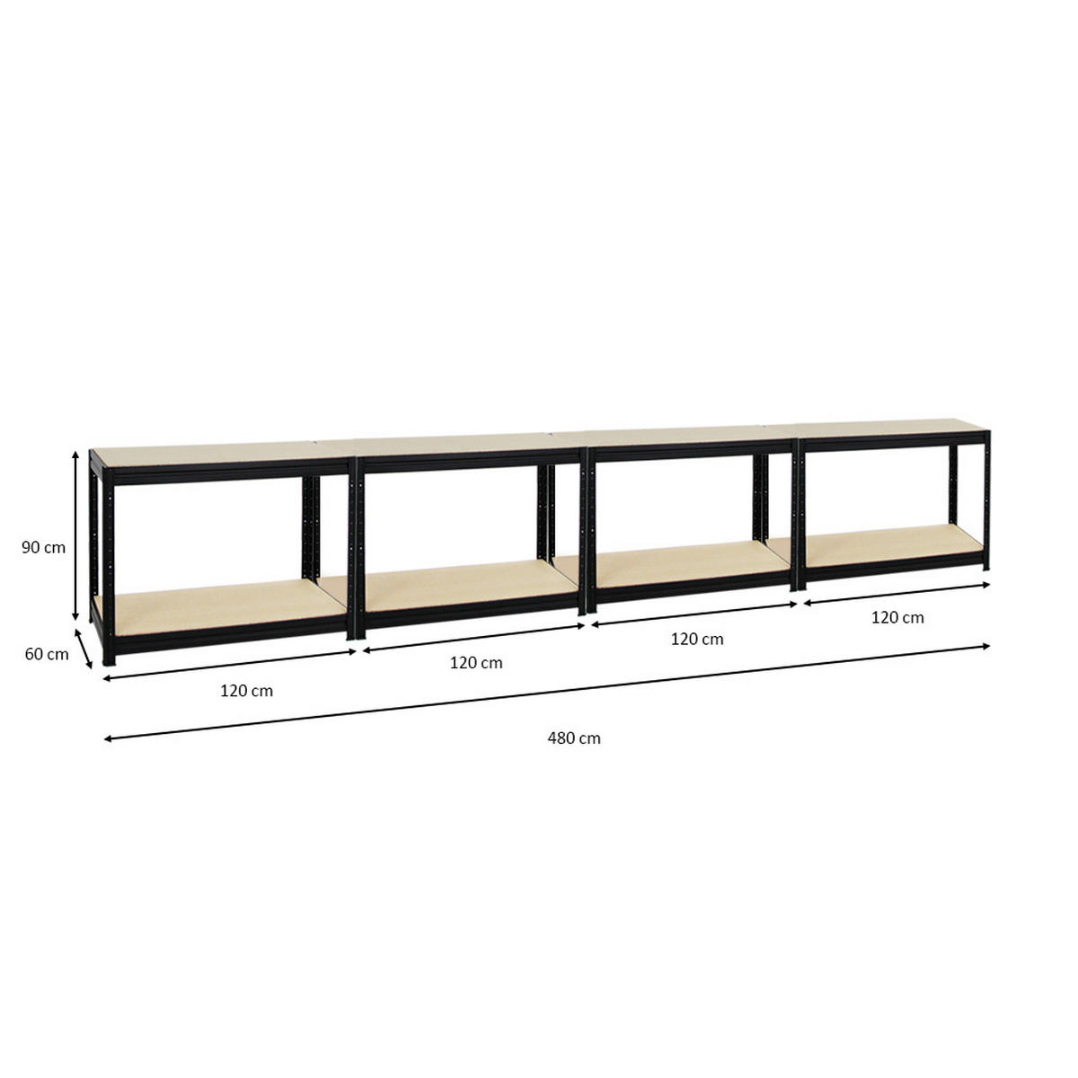 WERKBANK Dino 4er-Set mit 4x höhenverstellbar 90x120x60 cm Traglast 600 kg Schwarz - Schwarz, Metall (480/90/60cm) - PROREGAL