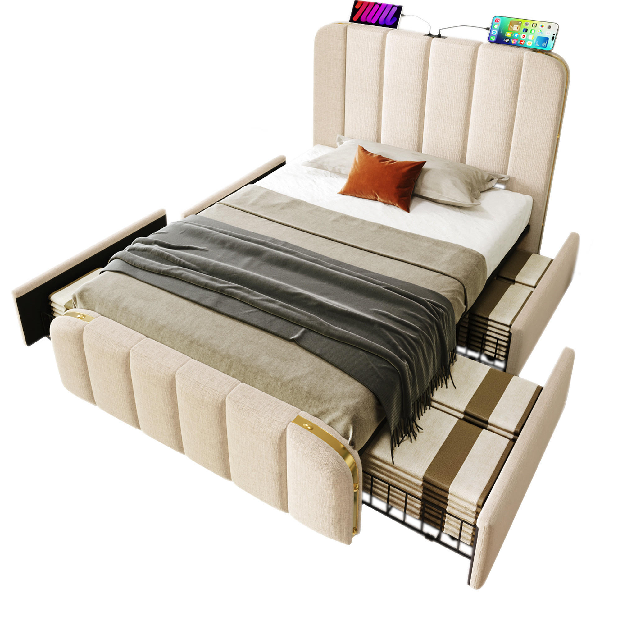 ČALOUNĚNÁ postel s matrací 90/200 cm, béžový len, s USB-C a 4 zásuvkami - béžová, textil (90/200cm) - BEAOK