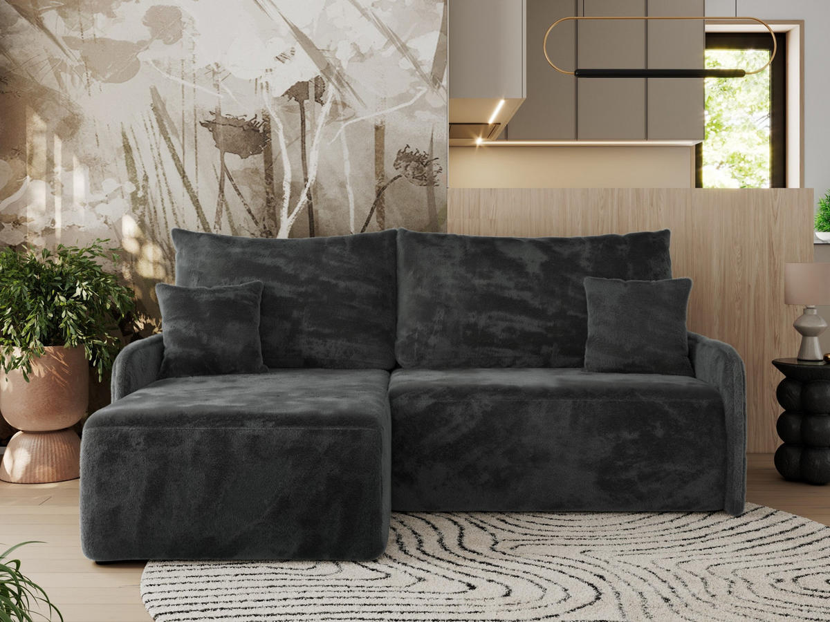 ECKSCHLAFSOFA ARPA L Dunkelgrau Plüsch - links - Dunkelgrau/Schwarz, Kunststoff/Textil (198/150cm) - MKS