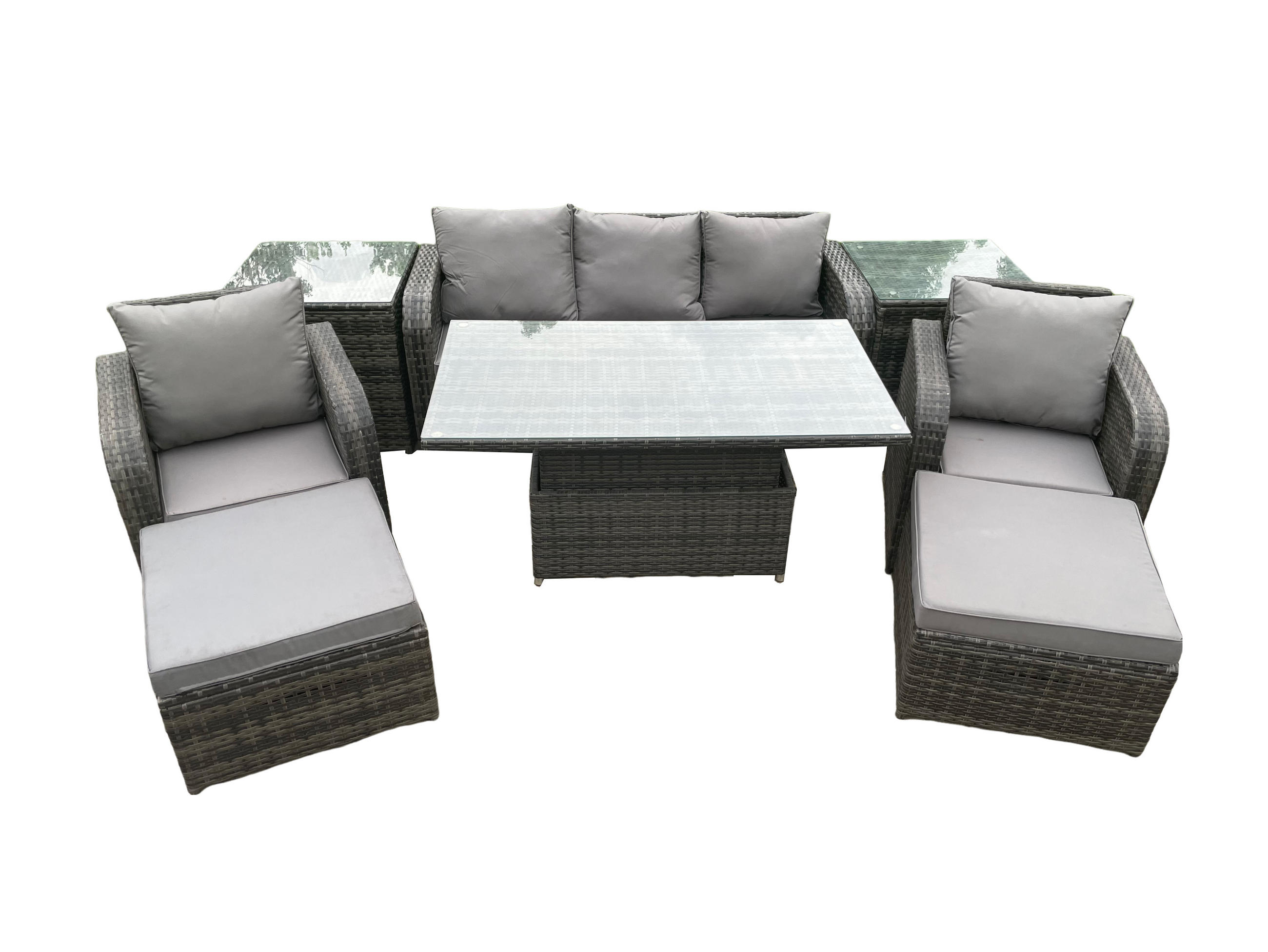 GARTENMÖBEL-SET HÖHENVERSTELLBARER ESSTISCH LOUNGE SOFA HOCKER Polyrattan Outdoor 7-Sitzer - Dunkelgrau/Grau, Glas/Kunststoff - Fimous