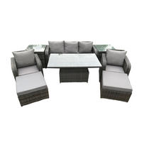 GARTENMÖBEL-SET HÖHENVERSTELLBARER ESSTISCH LOUNGE SOFA HOCKER Polyrattan Outdoor 7-Sitzer - Dunkelgrau/Grau, Glas/Kunststoff - Fimous