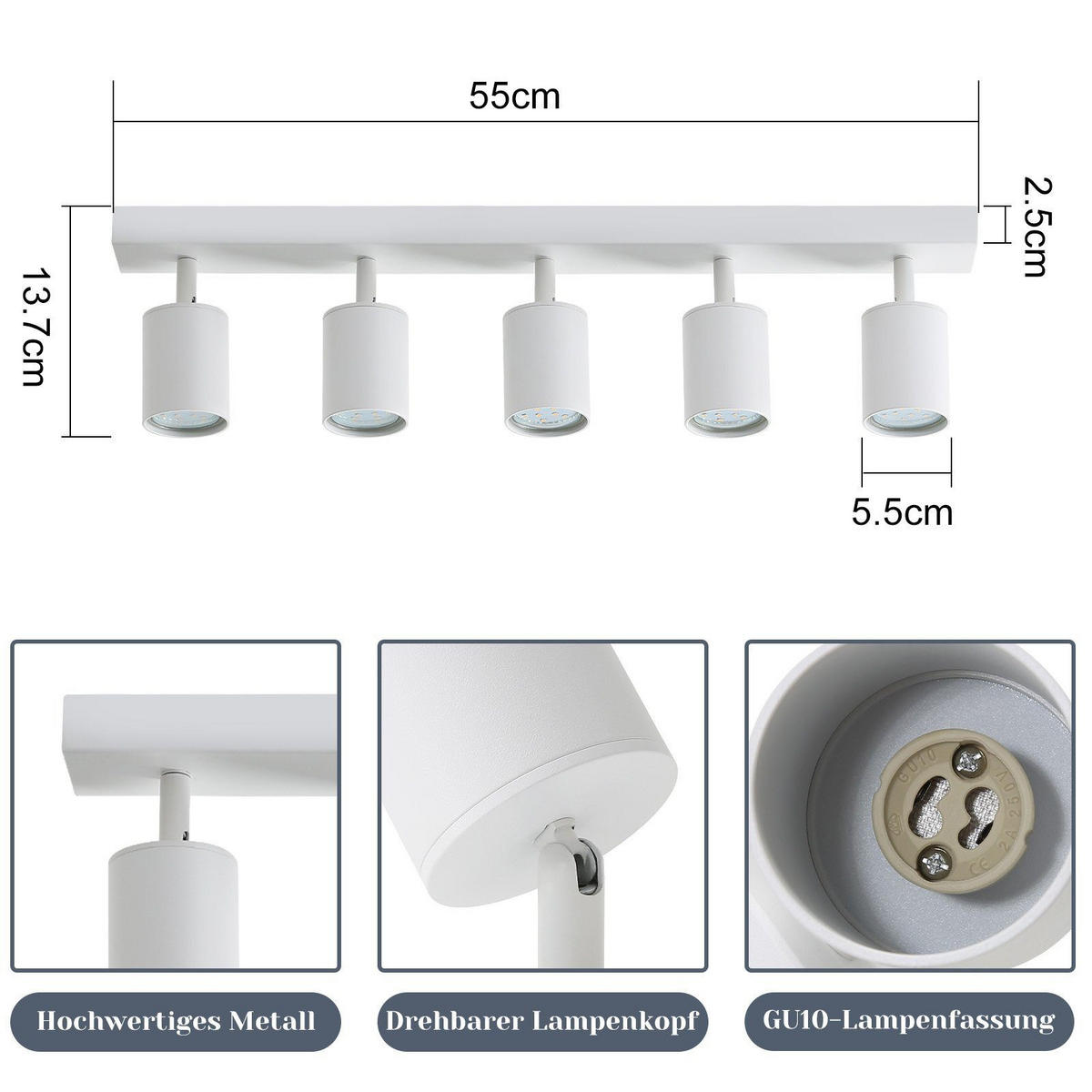 DECKENSTRAHLER Beben 59/9.5/6.5cm - Weiß, Metall (59/9.5/6.5cm) - ZMH