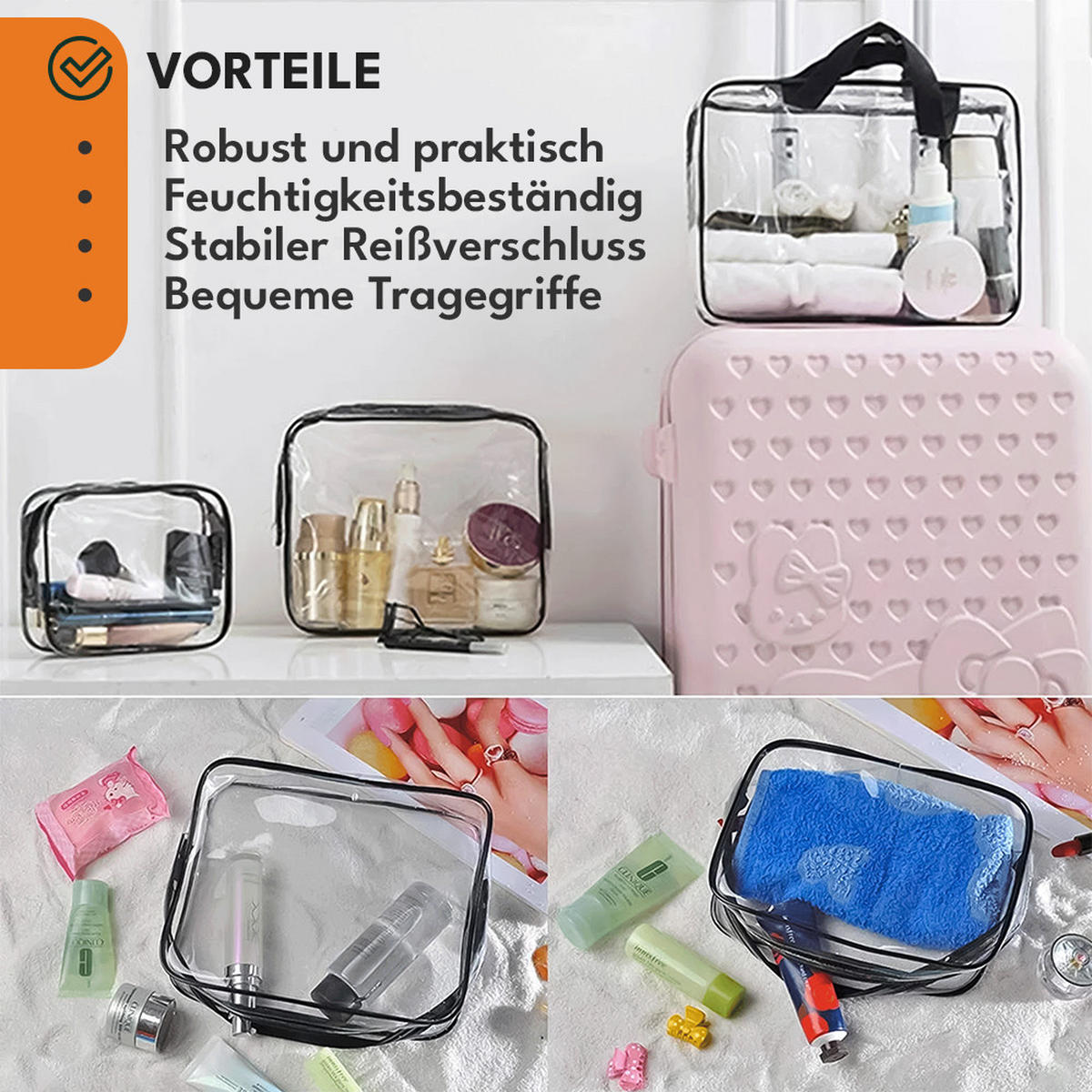 KULTURTASCHE Transparente Set 3-teilig - Transparent, Kunststoff (14/18/4cm) - KRUMAD