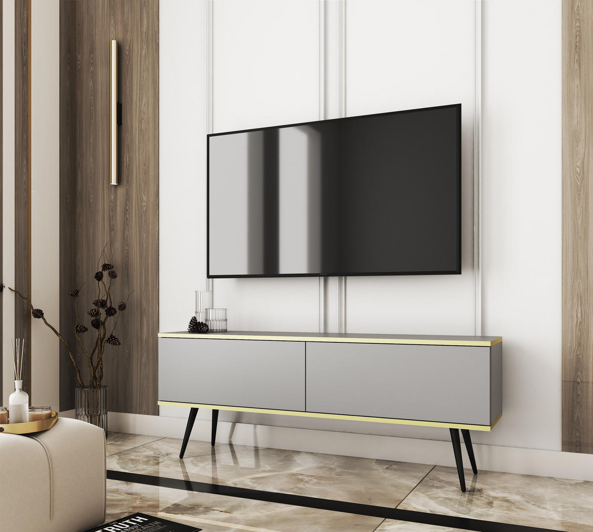 TV-LOWBOARD FORNO (Grau, Goldene Details, 2 Türen, schwarze Metallfüße, 135 cm) - Schwarz/Grau, Holz/Holzwerkstoff (135/53/32cm) - Ravio