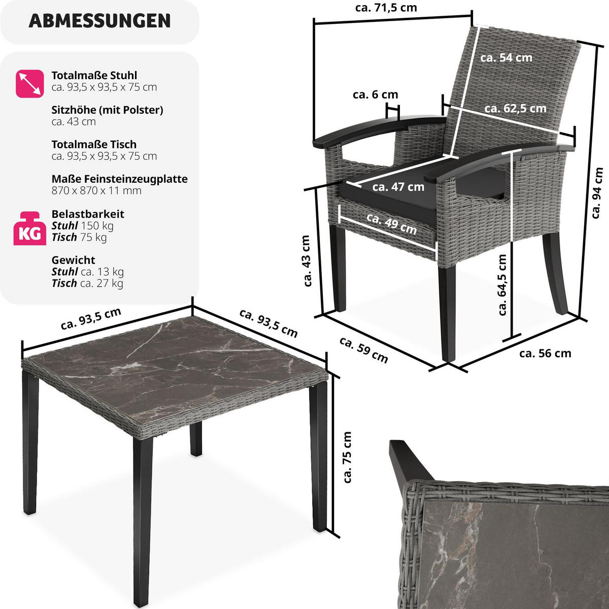 GARTENTISCH Tarent mit 4 Stühlen Rosarno, Armlehnen und Füße aus Holz, grau - Grau, Kunststoff - tectake