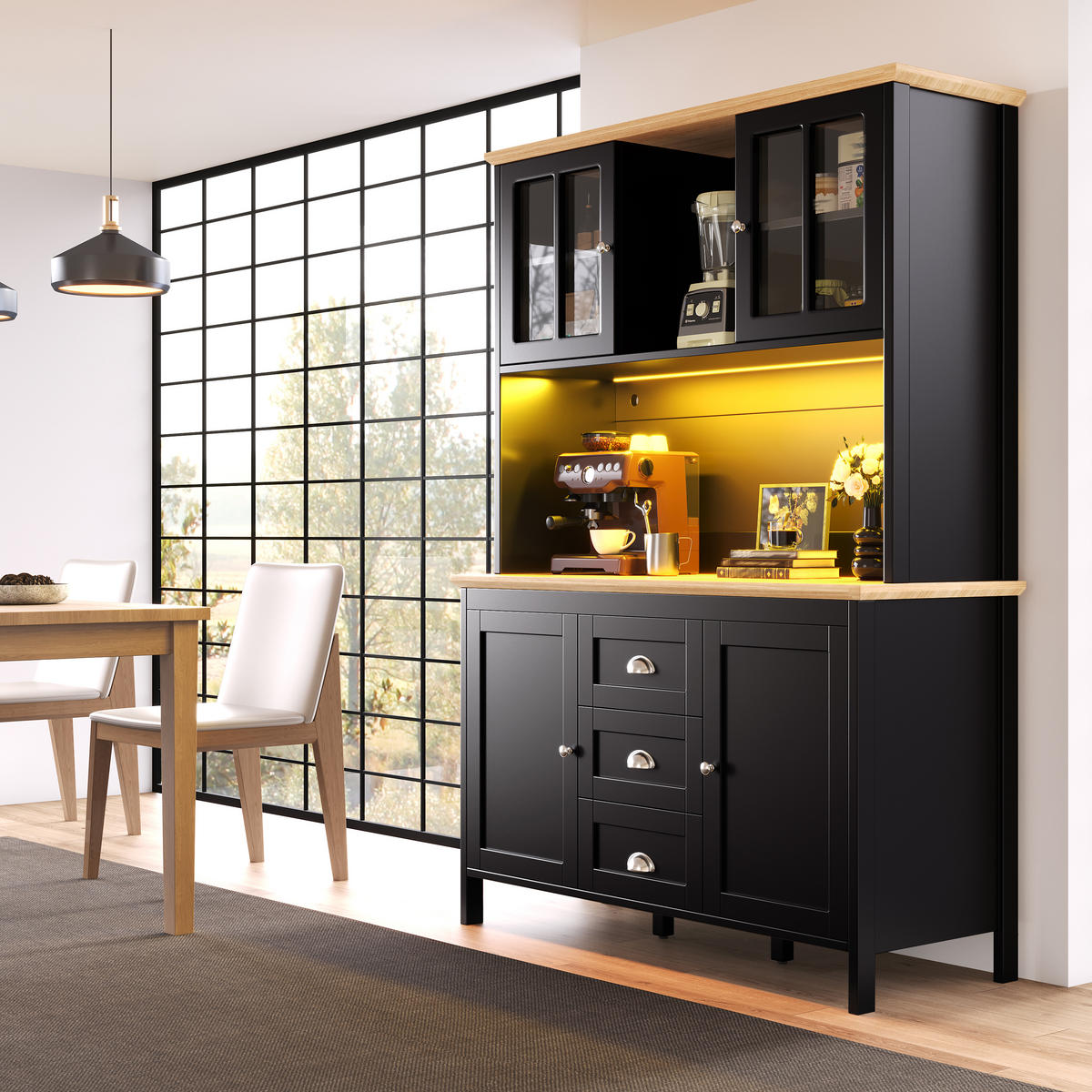 KÜCHENSCHRANK LED 120x40x179Cm 4 Türen 3 Schubladen - Schwarz, Metall (120/179/40cm) - FLIEKS