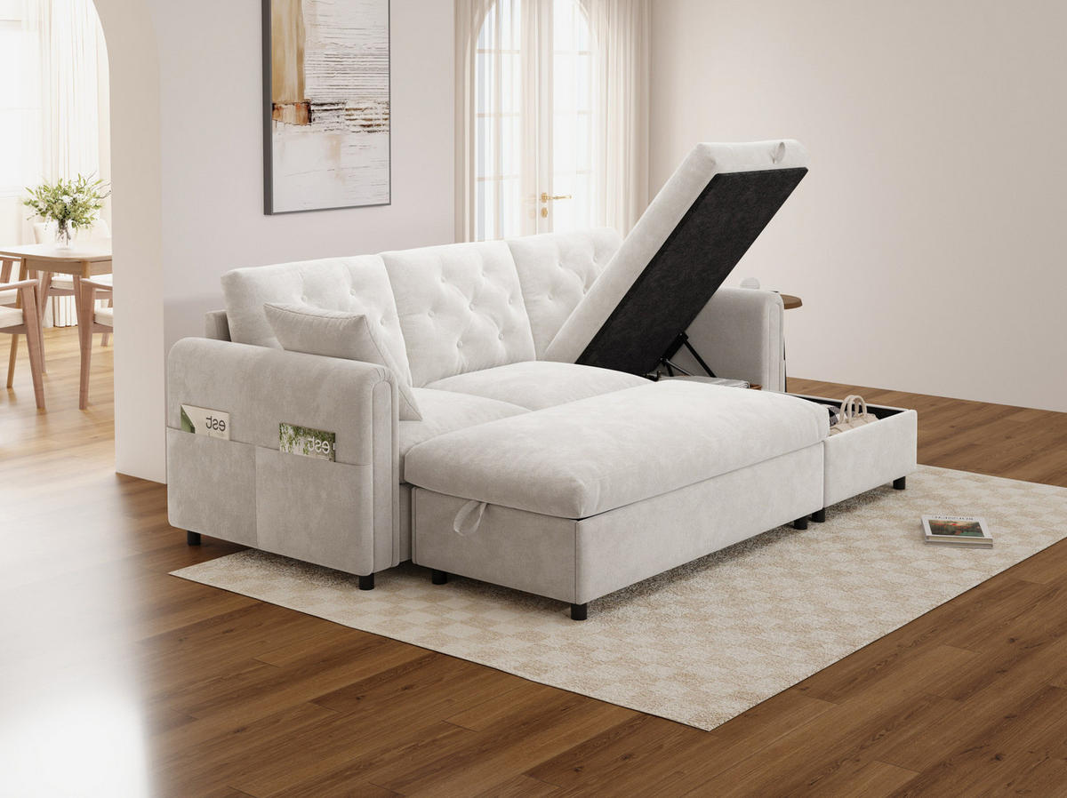 ECKSOFA 219/131/86 cm aus Samt mit Stauraum und variabler Chaiselongue Beige - Beige, Textil (131/219cm) - Modenvie