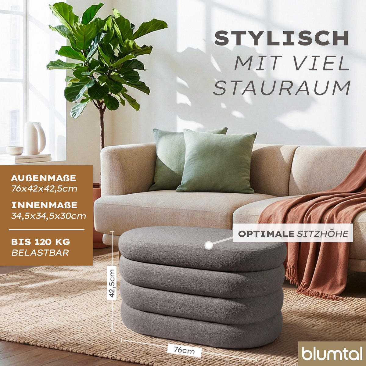 SITZBANK mit Stauraum Oval – Bouclé Sitztruhe Grau - Grau, Textil (42/42.5/76cm) - Blumtal