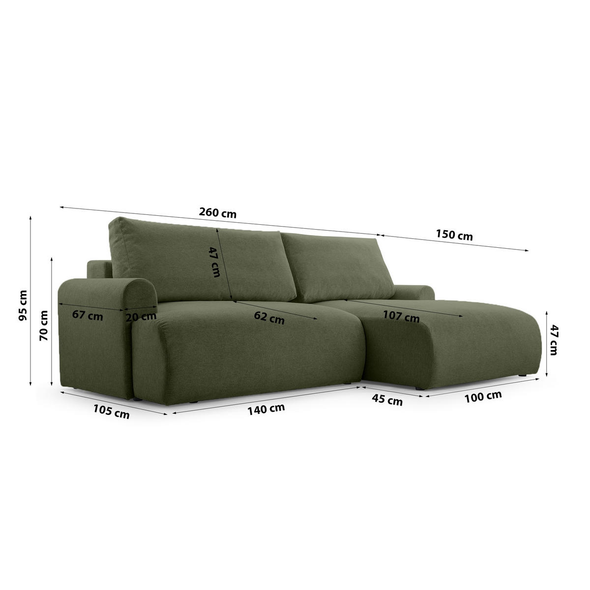 ECKSOFA mit Schlaffunktion Bordon, Dunkelgrün - Dunkelgrün, Textil (150/260cm) - Fedve