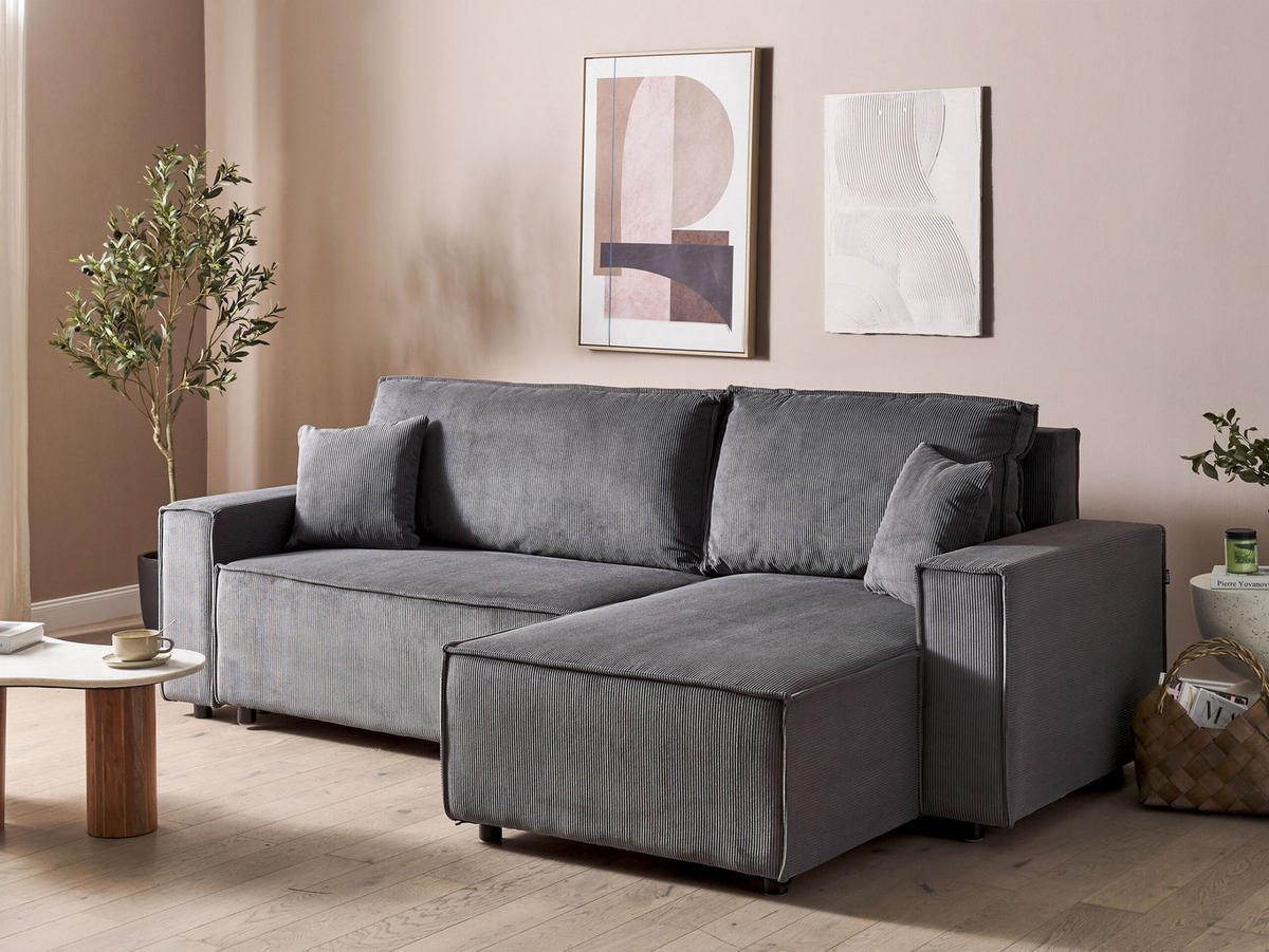 2-SITZER-ECKSOFA Cord graphitgrau rechtsseitig mit Schlaffunktion Abacka - Schwarz/Grau, Textil (247/147cm) - Beliani