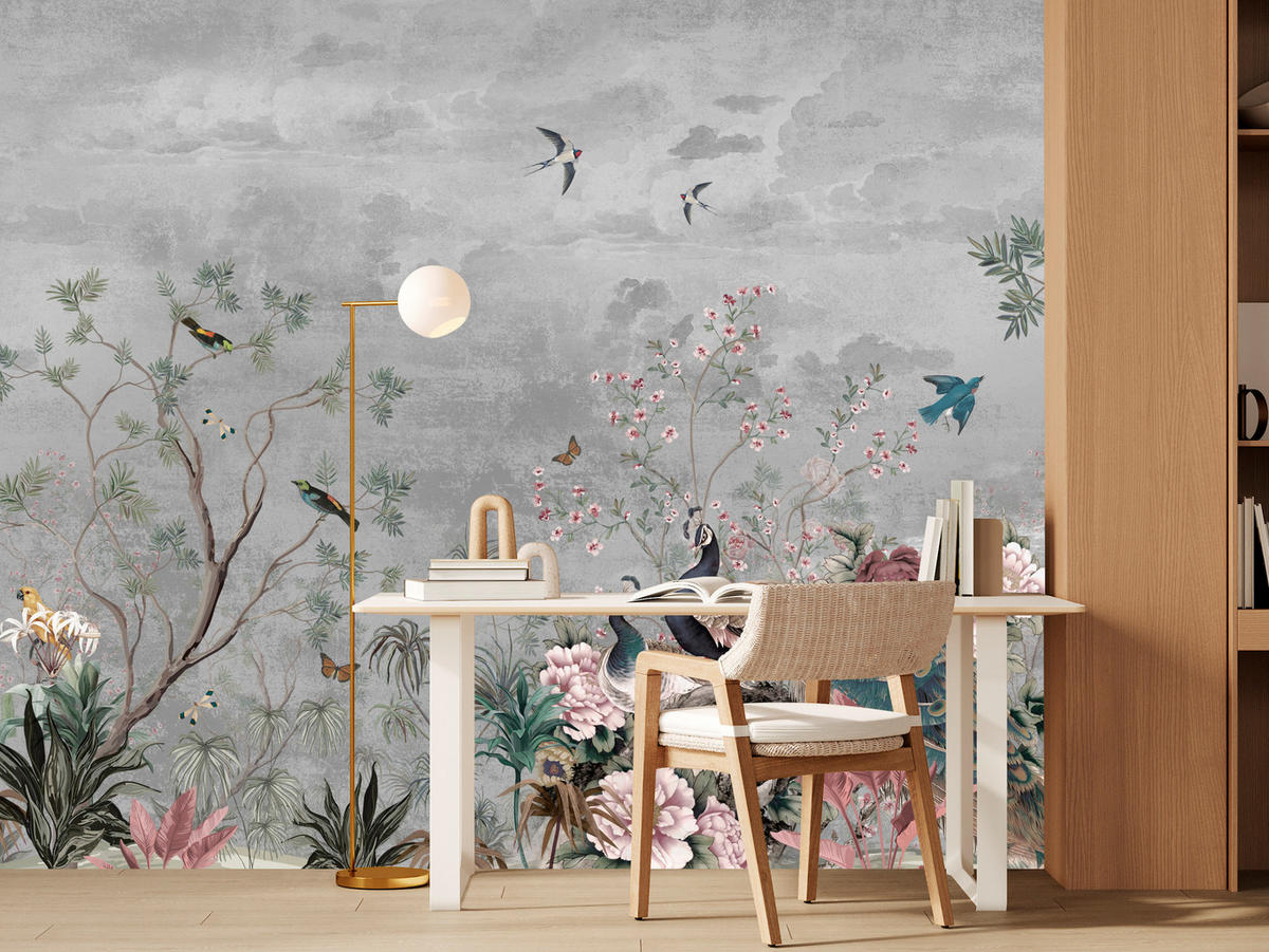 FOTOTAPETE für Büro Pfauen Vögel Pflanzen Bäume Tropische Blumen 400x280 - Multicolor, Papier (400/280cm) - Muralo